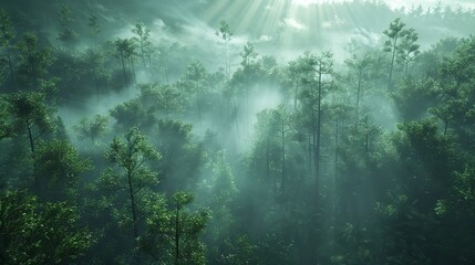 Mist-filled path winds through towering trees, leading to an open glade in the heart of the forest.