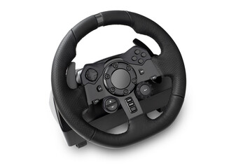 Black gaming steering wheel isolated on white background.  © gfdunt