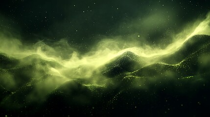 Fototapeta premium Luminous Lime Green Abstract Hills with Particles and Smoke - 3D Render on Dark Background