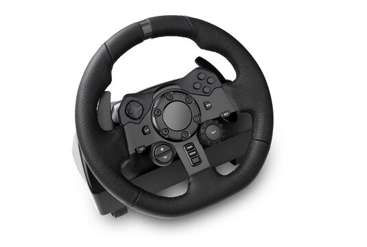 Black gaming steering wheel isolated on white background. 