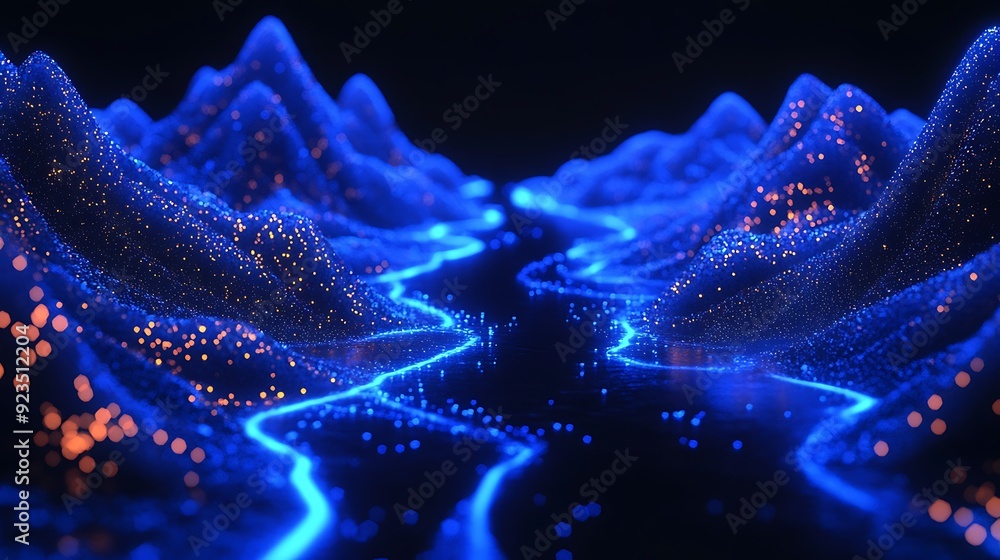 Poster illuminated mystique: abstract glowing rivers of azure cobalt sapphire with particles on black backg