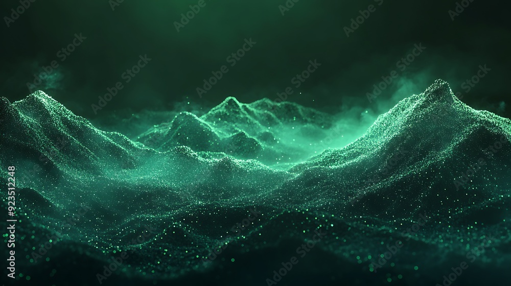 Aufkleber illuminated emerald valleys - abstract 3d render with glowing particles and fog on dark background i