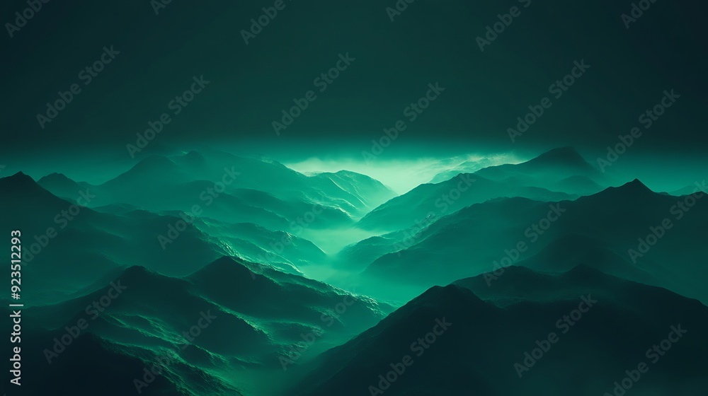 Aufkleber mystical emerald glowing valleys - abstract 3d render with fog and particles on dark background