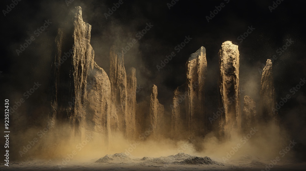 Poster luminous abstract cliffs in beige taupe hues with mist and particles on black background
