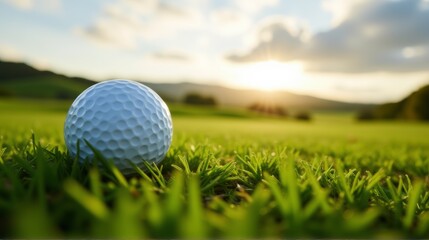 Obraz premium A close-up of a golf ball nestled in lush green grass under a bright sky with scattered clouds, bathed in warm sunlight.