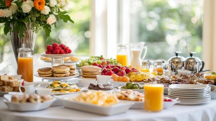 Brunch Delight: Appetizing Spread of Pancakes, Omelets, Fresh Fruits, Pastries, Coffee, and Juice on a Beautifully Set Table.