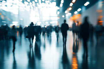 Background of an expo or convention with blurred individuals in an exposition hall. Concept image for an international exhibition, conference center, corporate marketing, 3d rendering, generative ai