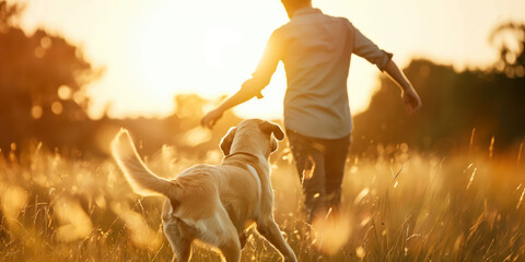 Boy Playing with Dog in a Field at Sunset - Outdoor Adventure and Friendship