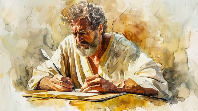 Apostle Matthew with Quill and Parchment - Writing Gospel - Biblical Illustration on Beige Background - Copyspace
