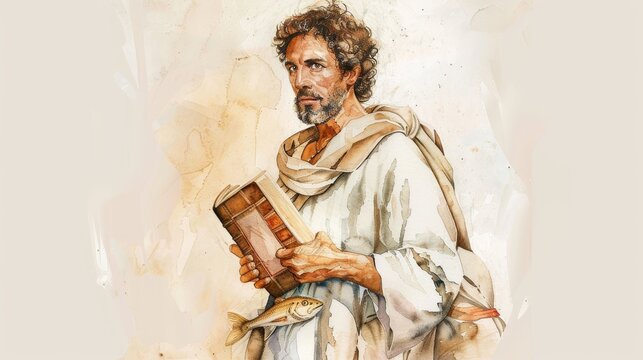 Apostle Simon the Zealot with Book and Fish Biblical Illustration on Beige Background with Copyspace Ideal for Religious Content