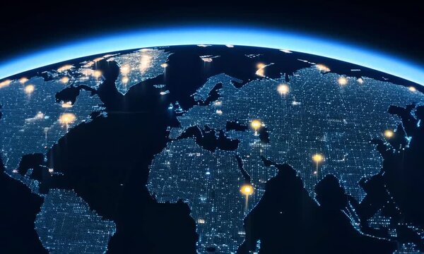 A brightly lit world map shows the locations of cities all around the globe, with each city illuminated to highlight its position on the map
