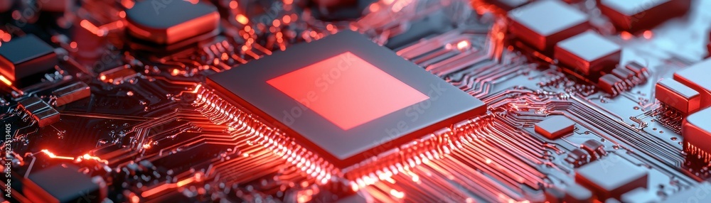 Poster modern microchip on a circuit board illuminated by red lights, showcasing technological innovation a