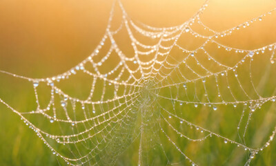 Naklejka premium Dew-Covered Spider Web Glimmering in Sunrise Light Over Green Grass
