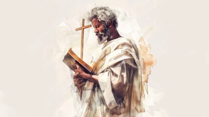 Fototapeta premium Apostle Matthias with Book and Cross - Symbolizing Apostolic Mission - Biblical Illustration on Beige Background - Copyspace