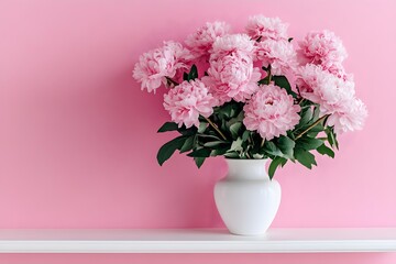 Fototapeta premium Fresh bouquet of pink flowers in vase on white shelf on pink wall background. Floral home decor.