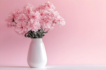 Fresh bouquet of pink flowers in vase on white shelf on pink wall background. Floral home decor