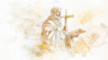 Naklejka premium Apostle Philip with Cross and Open Book - Preaching Word of God - Biblical Illustration on Beige Background - Copyspace