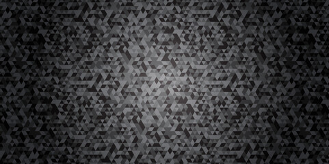 Geometric black and gray background seamless mosaic and low polygon triangle texture wallpaper. Triangle shape retro wall grid pattern geometric ornament tile vector square element.