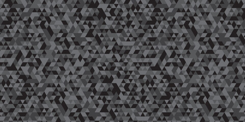 Geometric black and gray background seamless mosaic and low polygon triangle texture wallpaper. Triangle shape retro wall grid pattern geometric ornament tile vector square element.