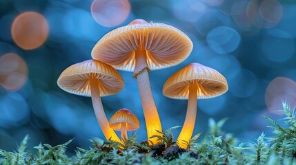 Enchanted mushrooms glow in a mystical forest grove, soft tones, fine details, high resolution, high detail, 32K Ultra HD, copyspace 