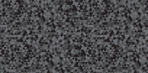 Geometric black and gray background seamless mosaic and low polygon triangle texture wallpaper. Triangle shape retro wall grid pattern geometric ornament tile vector square element.