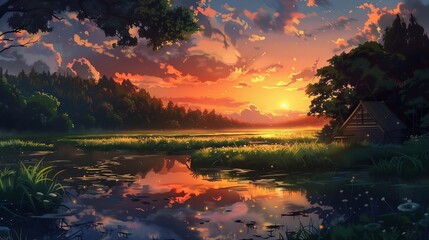 Illustration in anime style: natural idyllic landscape with a lake, a house on the lake shore, reflection in the water. AI generated