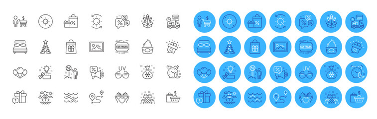 Discounts offer, Ice creams and Waves line icons pack. Sale bags, Discounts chat, Discount web icon. Delivery, Ice cream, Sunglasses pictogram. No sun, Journey, Sun protection. Buyer. Vector