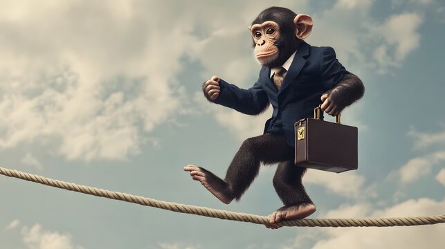 A monkey in a suit is walking on a rope.