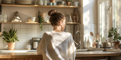 Woman Relaxing in a Sunlit Minimalist Kitchen with Plants and Modern Décor