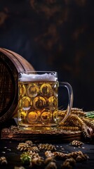 Rustic presentation of beer with wooden barrel and hops on a dark blurred background