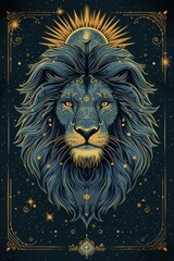 Card-style illustration of Leo the lion in dark gray, gold, and azure. 🌟 Celestial glass star backdrop adds a majestic touch, highlighting Leo's regal charm. 🦁✨