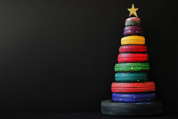 Christmas Tree Formed by Stacking Old Tires Painted Green