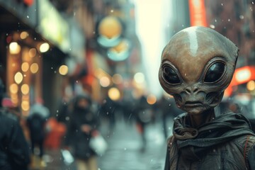 Strange Alien Creature Walking Among Busy City Streets Under Light Snowfall