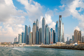 Majestic Dubai seascape: Yachting along Dubai Marina's skyline in UAE