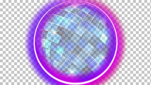Disco ball animation with light rays, neon and glow effect for broadcast, night clubs, music videos, concepts, ideas, 4k, seamless loopable element, transparent background
