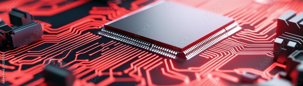 Poster detailed close-up of a microchip on a red circuit board, showcasing advanced technology and intricat