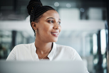 Thinking, laptop and black woman in office with business solution, planning or problem solving. Smile, computer and African female entrepreneur brainstorming for company growth with ideas for project