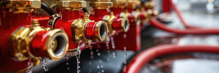 Fototapeta premium Close-up of red and gold firefighting equipment featuring valves and hoses.