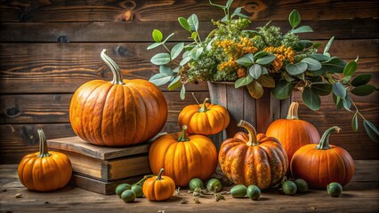 Vibrant orange pumpkins, eucalyptus, and rustic wooden accents create a cozy autumnal still life arrangement on a distressed wooden table, surrounded by rich greenery.