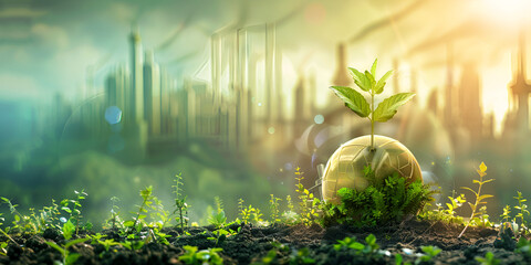 New plant growth emerging from a cracked earth against a backdrop of an industrial cityscape symbolizing environmental recovery and sustainability in urban development
