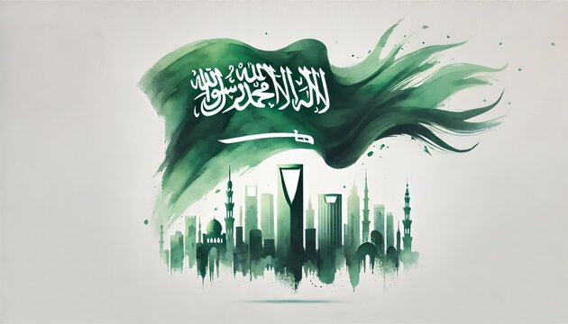 Saudi national day poster illustration in watercolor style.