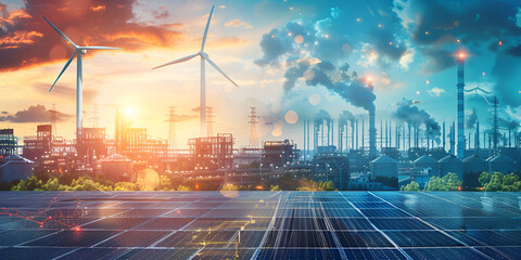 Dual environment showcasing the contrast between renewable energy sources like wind turbines and solar panels with industrial pollution and carbon emissions in a changing world