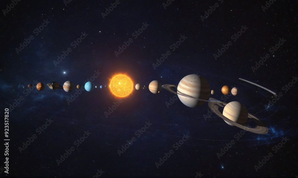 Wall mural the solar system showing planets orbiting the sun in a cosmic context
