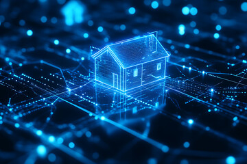 Obraz premium Abstract digital background banner showcasing a house with data connection elements in blue and black colors.