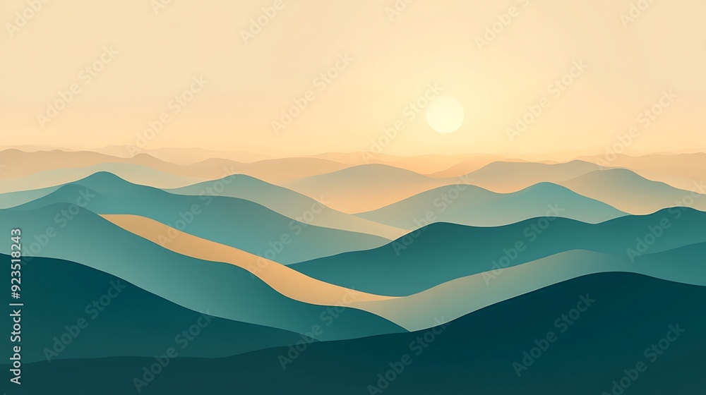 Poster serene teal and brown valley gradient background in vector style - minimalistic 3d rendering with su
