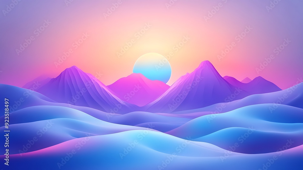 Poster serene purple and turquoise gradient mountains at sunset - minimalistic 3d rendering with cartoon st