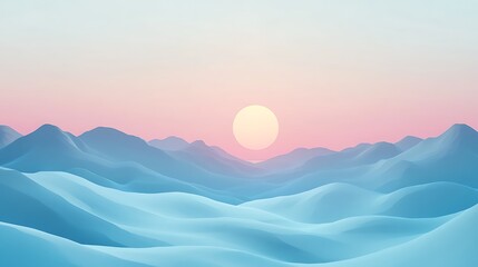 Fototapeta premium Serene Gradient Mountain Landscape in Cyan and Blush Tones - 3D Vector Illustration with Soft Sunlight and Shadows