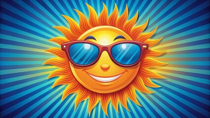 Vibrant, stylized illustration of a smiling face with Sunglasses and a bright sun bursting out from behind, symbolizing joy, freedom, and endless summer vibes.