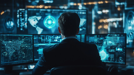 Create a scene of an AI-powered cybersecurity network detecting and neutralizing threats in real-time