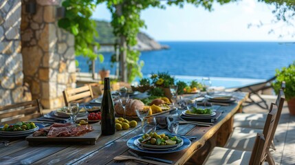 Obraz premium Luxury meal on table at vacation house with scenic view